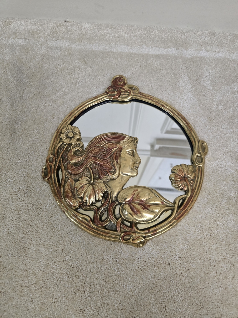 Art Nouveau Gold Decorative Round Wall Mirror with Floral Woman Motif